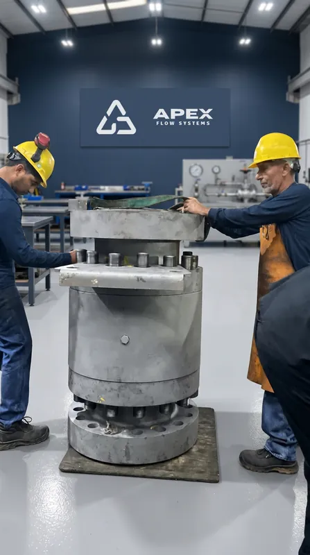 Dos técnicos con uniforme azul ensamblan el cuerpo de una válvula trunnion en el taller
